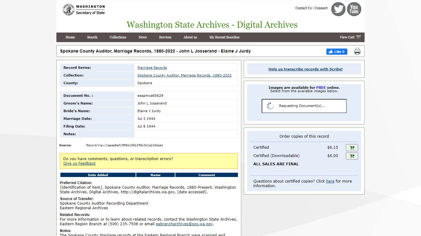 Spokane County Auditor, Marriage Records, 1880-Present - John L ...